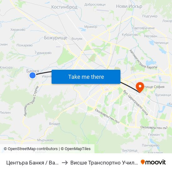 Центъра Банкя / Bankya Centre (6298) to Висше Транспортно Училище Тодор Каблешков map