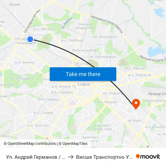 Ул. Андрей Германов / Andrey Germanov St. (2562) to Висше Транспортно Училище Тодор Каблешков map