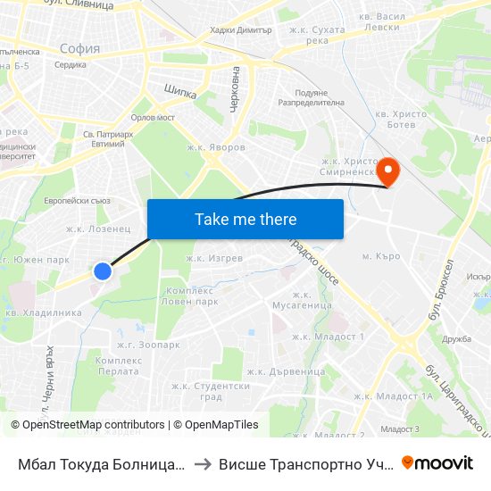 Мбал Токуда Болница / Tokuda Hospital (2777) to Висше Транспортно Училище Тодор Каблешков map