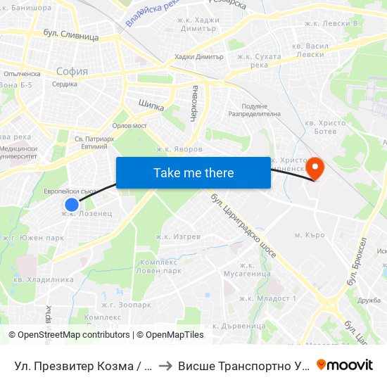 Ул. Презвитер Козма / Cosmas the Priest St. (6615) to Висше Транспортно Училище Тодор Каблешков map