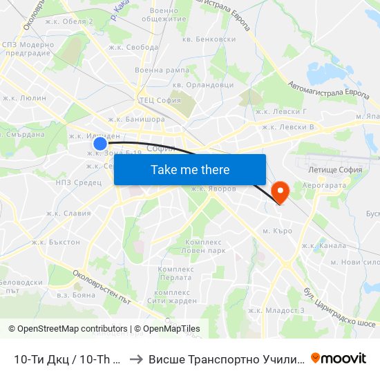 10-Ти Дкц / 10-Th Polyclinic (6608) to Висше Транспортно Училище Тодор Каблешков map