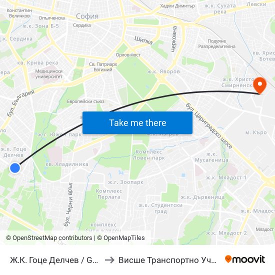 Ж.К. Гоце Делчев / Gotse Delchev Qr. (2861) to Висше Транспортно Училище Тодор Каблешков map