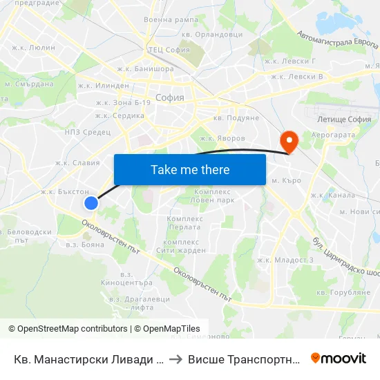 Кв. Манастирски Ливади - Запад / Manastirski Livadi - West Qr. to Висше Транспортно Училище Тодор Каблешков map