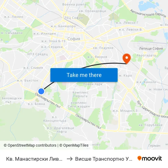 Кв. Манастирски Ливади / Manastirski Livadi Qr to Висше Транспортно Училище Тодор Каблешков map
