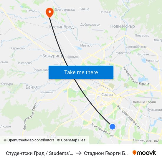 Студентски Град / Students' Town (2382) to Стадион Георги Бенковски map