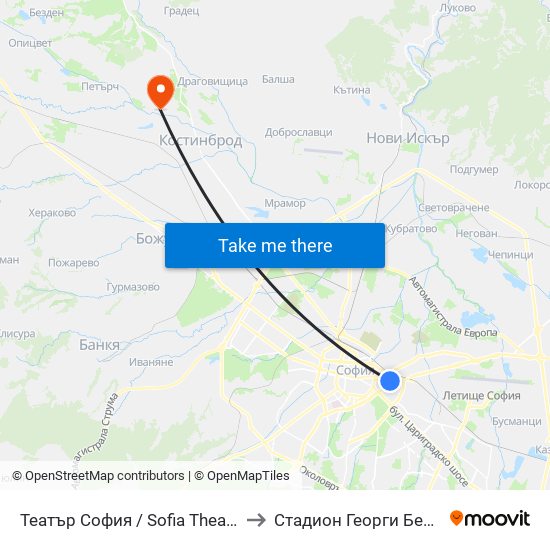 Театър София / Sofia Theatre (1727) to Стадион Георги Бенковски map
