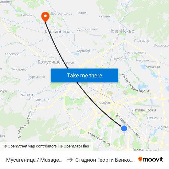 Мусагеница /  Musagenitsa to Стадион Георги Бенковски map