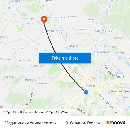 Медицински Университет / Medical University to Стадион Георги Бенковски map