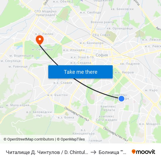 Читалище Д. Чинтулов / D. Chintulov Library (2365) to Болница ""Люлин"" map
