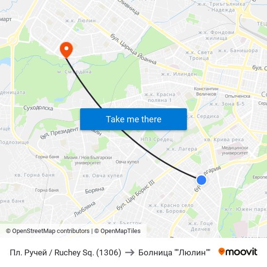 Пл. Ручей / Ruchey Sq. (1306) to Болница ""Люлин"" map