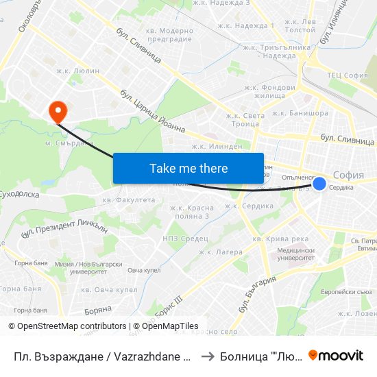 Пл. Възраждане / Vazrazhdane Sq. (1269) to Болница ""Люлин"" map