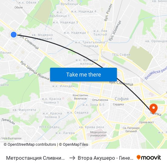 Метростанция Сливница / Slivnitsa Metro Station (1063) to Втора Акушеро - Гинекологична Болница Шейново map