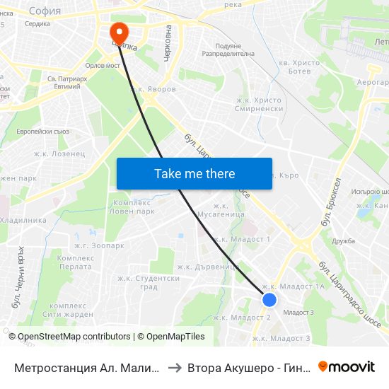 Метростанция Ал. Малинов / Al. Malinov Metro Station (0170) to Втора Акушеро - Гинекологична Болница Шейново map