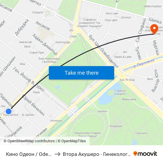 Кино Одеон / Odeon Cinema (0927) to Втора Акушеро - Гинекологична Болница Шейново map