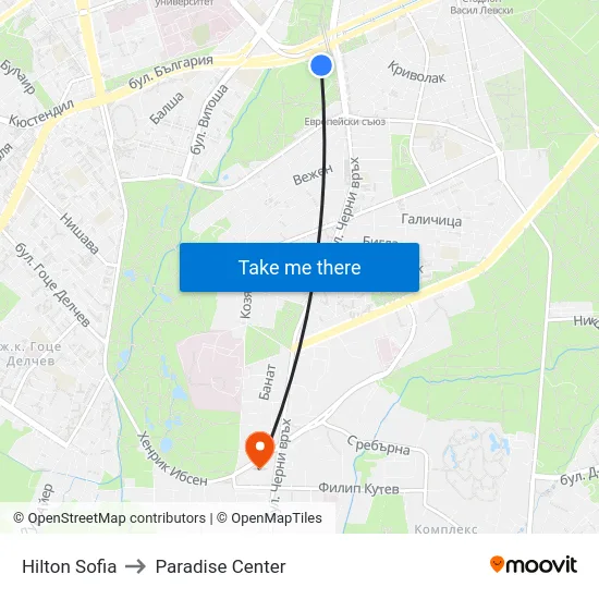 Hilton Sofia to Paradise Center map