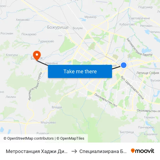 Метростанция Хаджи Димитър / Hadzhi Dimitar Metro Station (0303) to Специализирана Болница За Рехабилитация Здраве map
