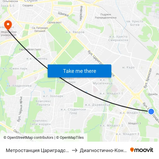 Ⓜ️ Метростанция Цариградско Шосе / Tsarigradsko Shosse Metro Station (1016) to Диагностично-Консултативен Център ""Александровска"" map