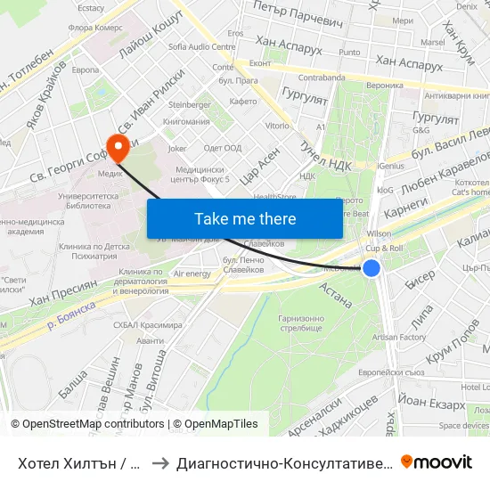 Хотел Хилтън / Hilton Hotel (0397) to Диагностично-Консултативен Център ""Александровска"" map