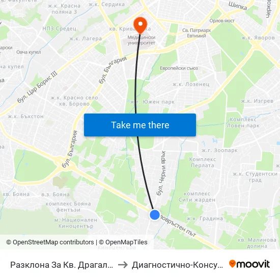 Разклона За Кв. Драгалевци / Fork Road To Dragalevtsi Qr. (1457) to Диагностично-Консултативен Център ""Александровска"" map