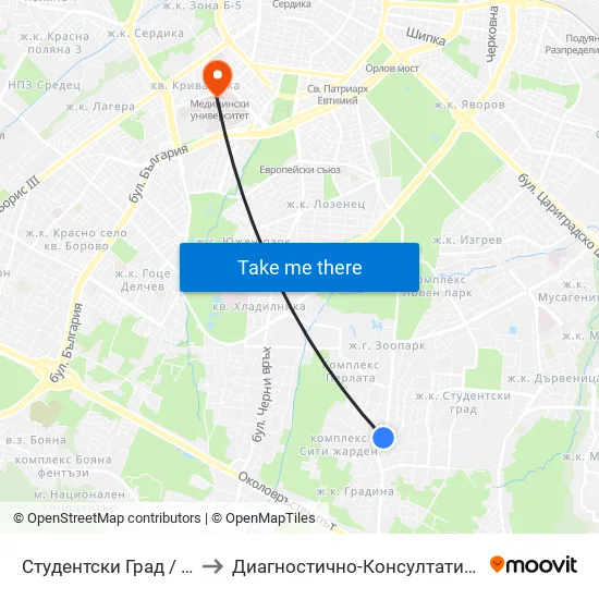 Студентски Град / Students' Town (2382) to Диагностично-Консултативен Център ""Александровска"" map