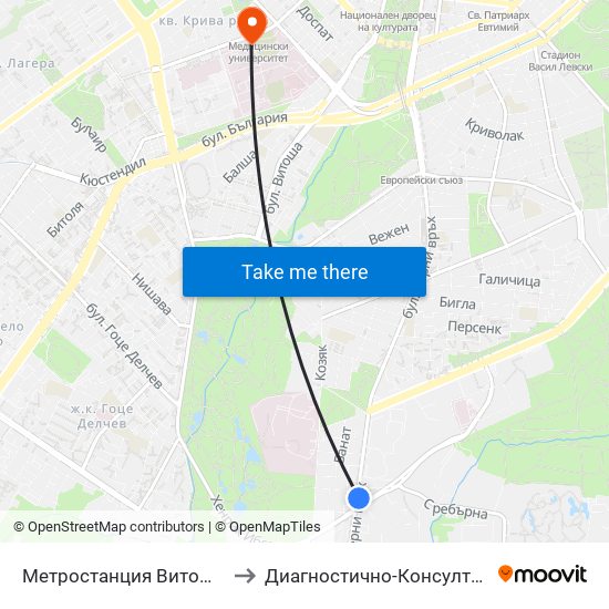 Метростанция Витоша / Vitosha Metro Station (2654) to Диагностично-Консултативен Център ""Александровска"" map