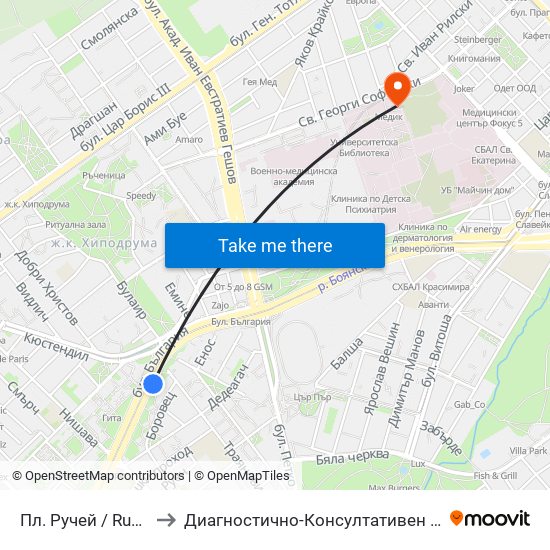 Пл. Ручей / Ruchey Sq. (1301) to Диагностично-Консултативен Център ""Александровска"" map