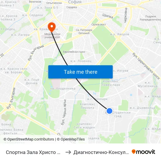 Спортна Зала Христо Ботев / Hristo Botev Sports Hall (1611) to Диагностично-Консултативен Център ""Александровска"" map