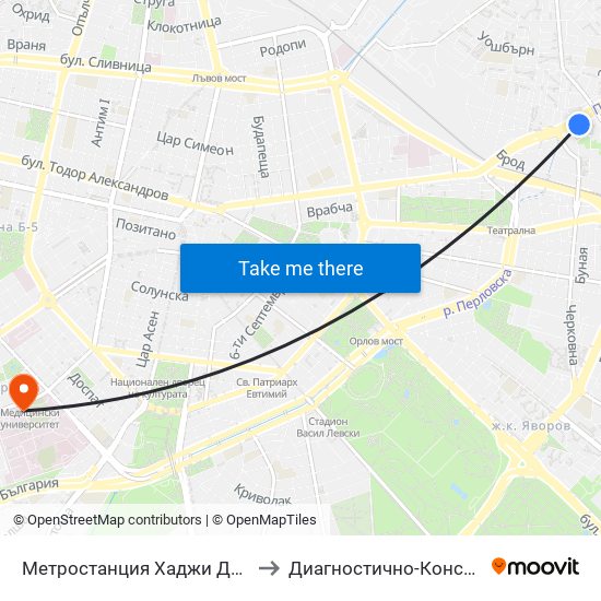 Метростанция Хаджи Димитър / Hadzhi Dimitar Metro Station (0303) to Диагностично-Консултативен Център ""Александровска"" map