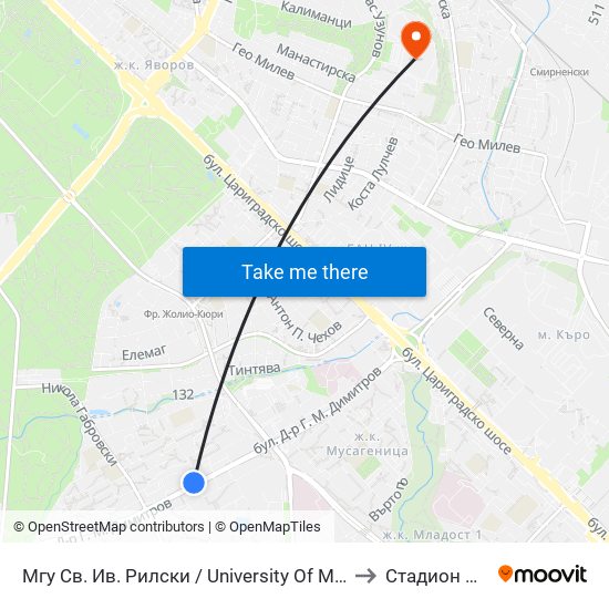 Мгу Св. Ив. Рилски / University Of Mining And Geology (1033) to Стадион Академик map