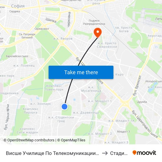 Висше Училище По Телекомуникации / University Of Telecommunications And Post (1396) to Стадион Академик map
