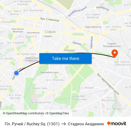 Пл. Ручей / Ruchey Sq. (1301) to Стадион Академик map