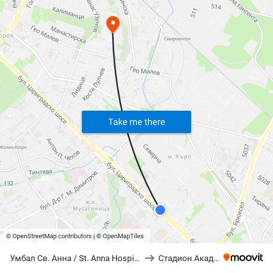 Умбал Св. Анна / St. Anna Hospital (1196) to Стадион Академик map