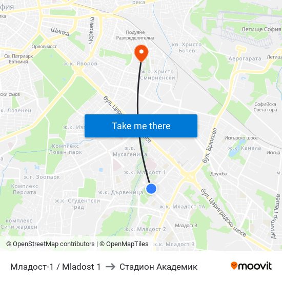 Младост-1 / Mladost 1 to Стадион Академик map