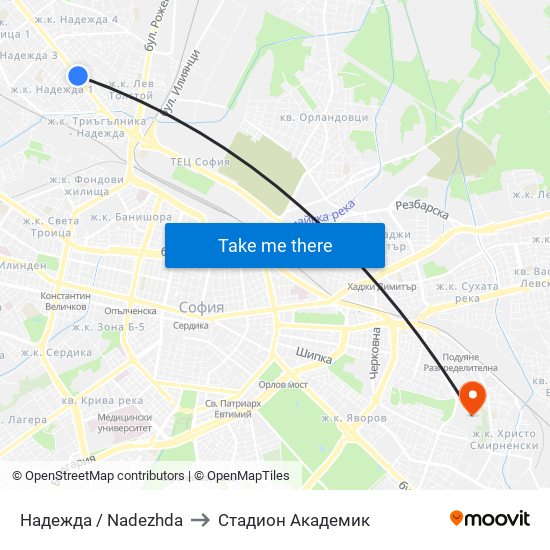 Надежда / Nadezhda to Стадион Академик map