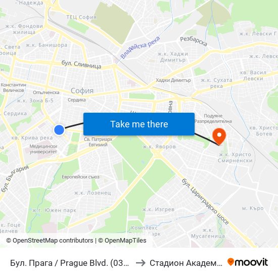Бул. Прага / Prague Blvd. (0363) to Стадион Академик map