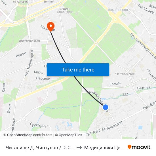 Читалище Д. Чинтулов / D. Chintulov Library (2366) to Медицински Център Авицена map