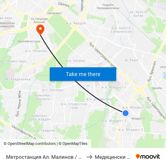 Метростанция Ал. Малинов / Al. Malinov Metro Station (0170) to Медицински Център Авицена map
