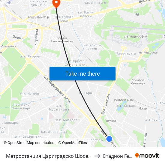 Метростанция Цариградско Шосе / Tsarigradsko Shosse Metro Station (1016) to Стадион Георги Аспарухов map