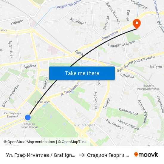 Ул. Граф Игнатиев / Graf Ignatiev St. (1913) to Стадион Георги Аспарухов map
