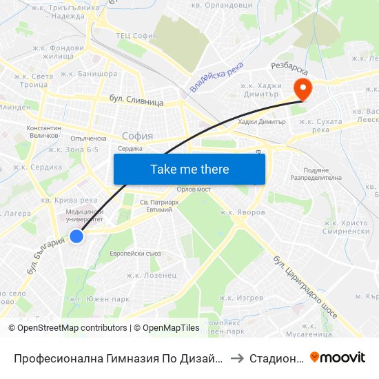 Професионална Гимназия По Дизайн Елисавета Вазова / Elisaveta Vazova High School Of Design (1736) to Стадион Георги Аспарухов map