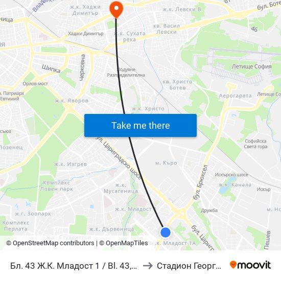Бл. 43 Ж.К. Младост 1 / Bl. 43, Mladost 1 Qr. (0218) to Стадион Георги Аспарухов map