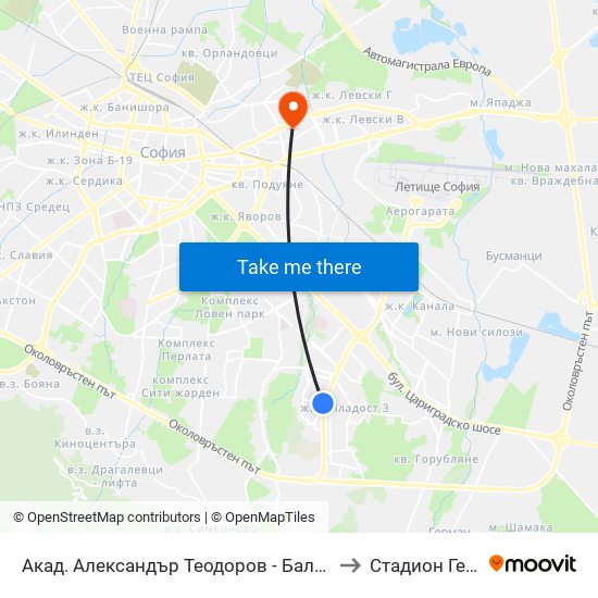 Акад. Александър Теодоров - Балан / Akademik Aleksandar Teodorov - Balan to Стадион Георги Аспарухов map