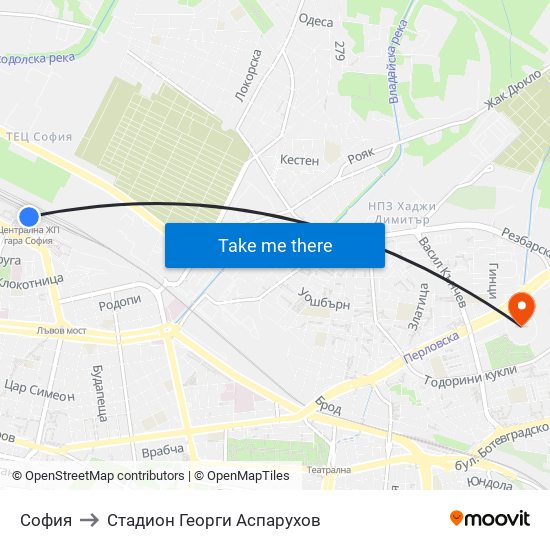 София to Стадион Георги Аспарухов map