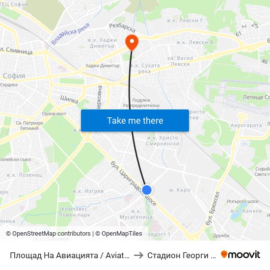 Площад На Авиацията / Aviation Square (1258) to Стадион Георги Аспарухов map