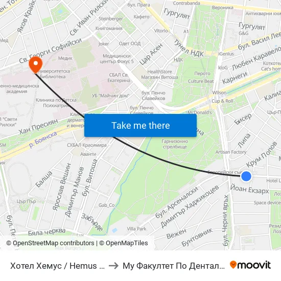 Ⓜ️ Хотел Хемус / Hemus Hotel (2329) to Му Факултет По Дентална Медицина map