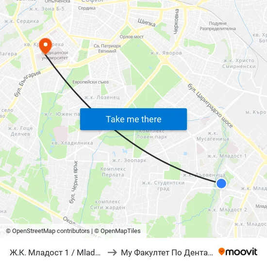 Ж.К. Младост 1 / Mladost 1 Qr. (0661) to Му Факултет По Дентална Медицина map
