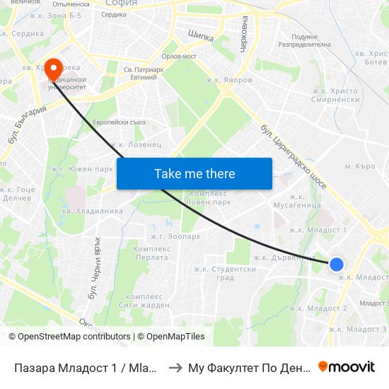 Пазара Младост 1 / Mladost 1 Market (0968) to Му Факултет По Дентална Медицина map