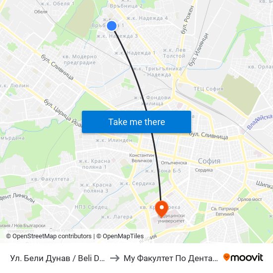 Ул. Бели Дунав / Beli Dunav St. (2577) to Му Факултет По Дентална Медицина map