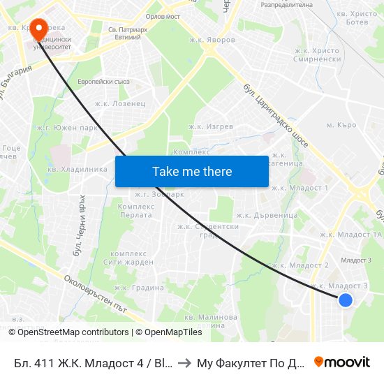 Бл. 411 Ж.К. Младост 4 / Bl. 411, Mladost 4 Qr. (0004) to Му Факултет По Дентална Медицина map
