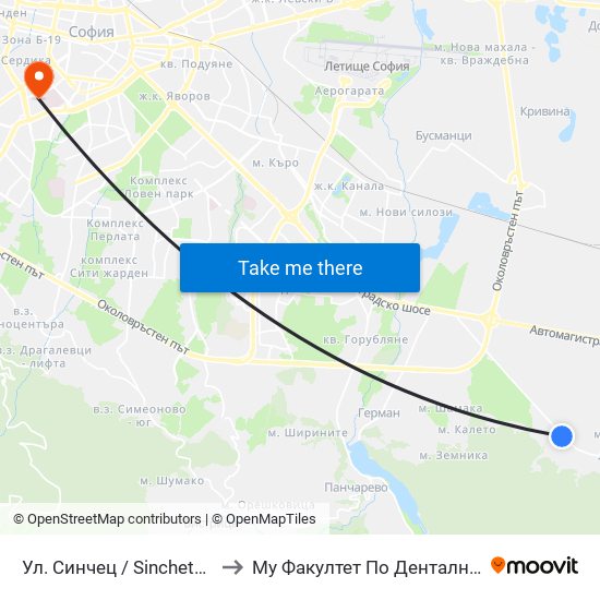 Ул. Синчец / Sinchets St. (2173) to Му Факултет По Дентална Медицина map